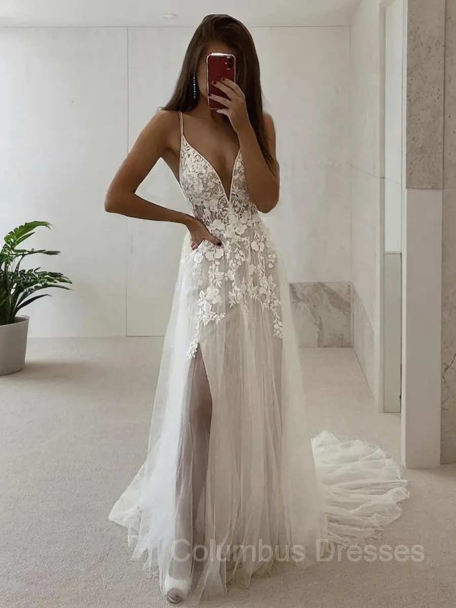 A-Line Princess V-Neck Court Train Tulle Wedding Dresses With Leg Slit