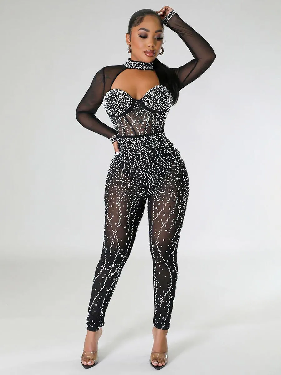 Alluring Rhinestone Long Sleeve Jumpsuit