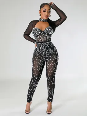 Alluring Rhinestone Long Sleeve Jumpsuit