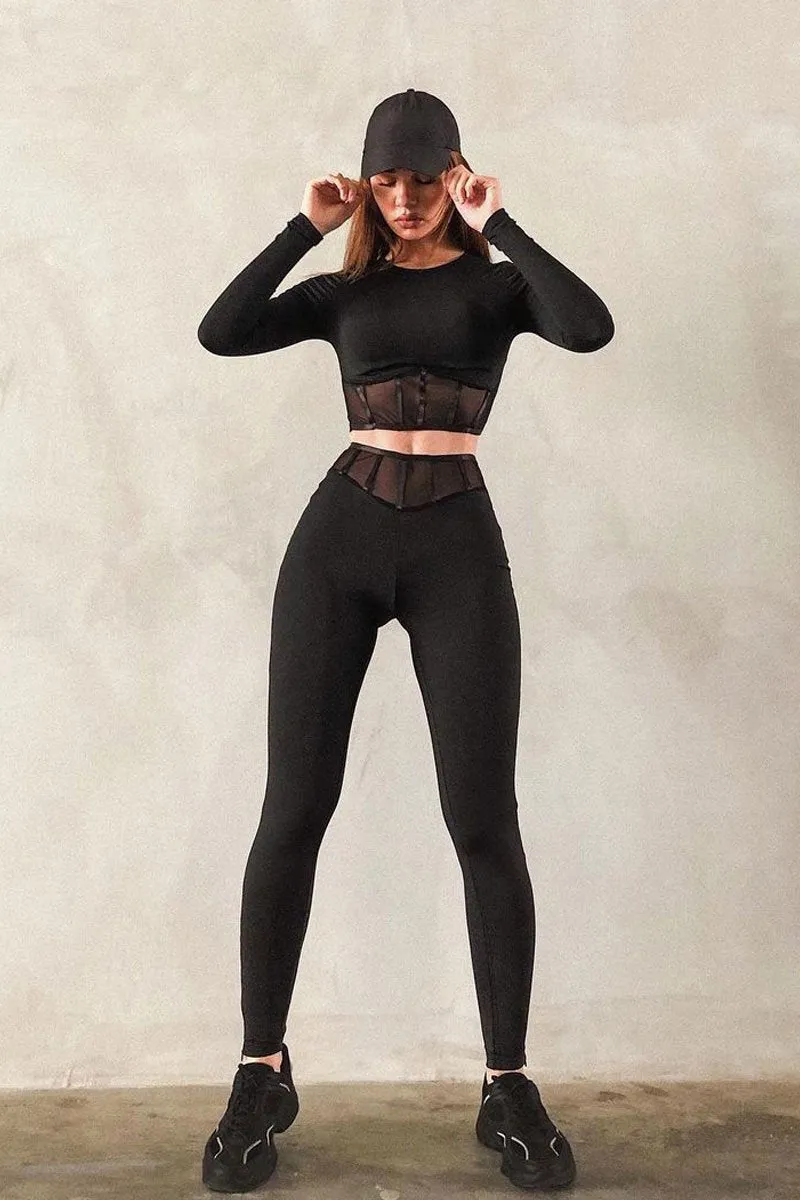 Angela Black Mesh Corset Panel Crop Top Leggings Co-ord