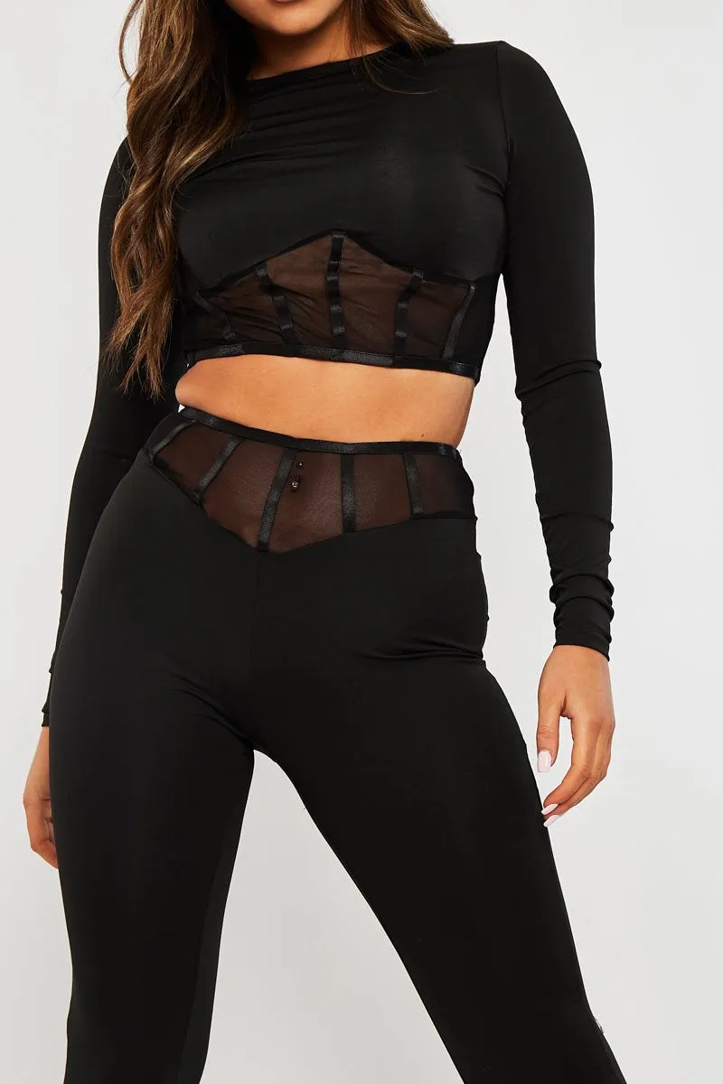 Angela Black Mesh Corset Panel Crop Top Leggings Co-ord