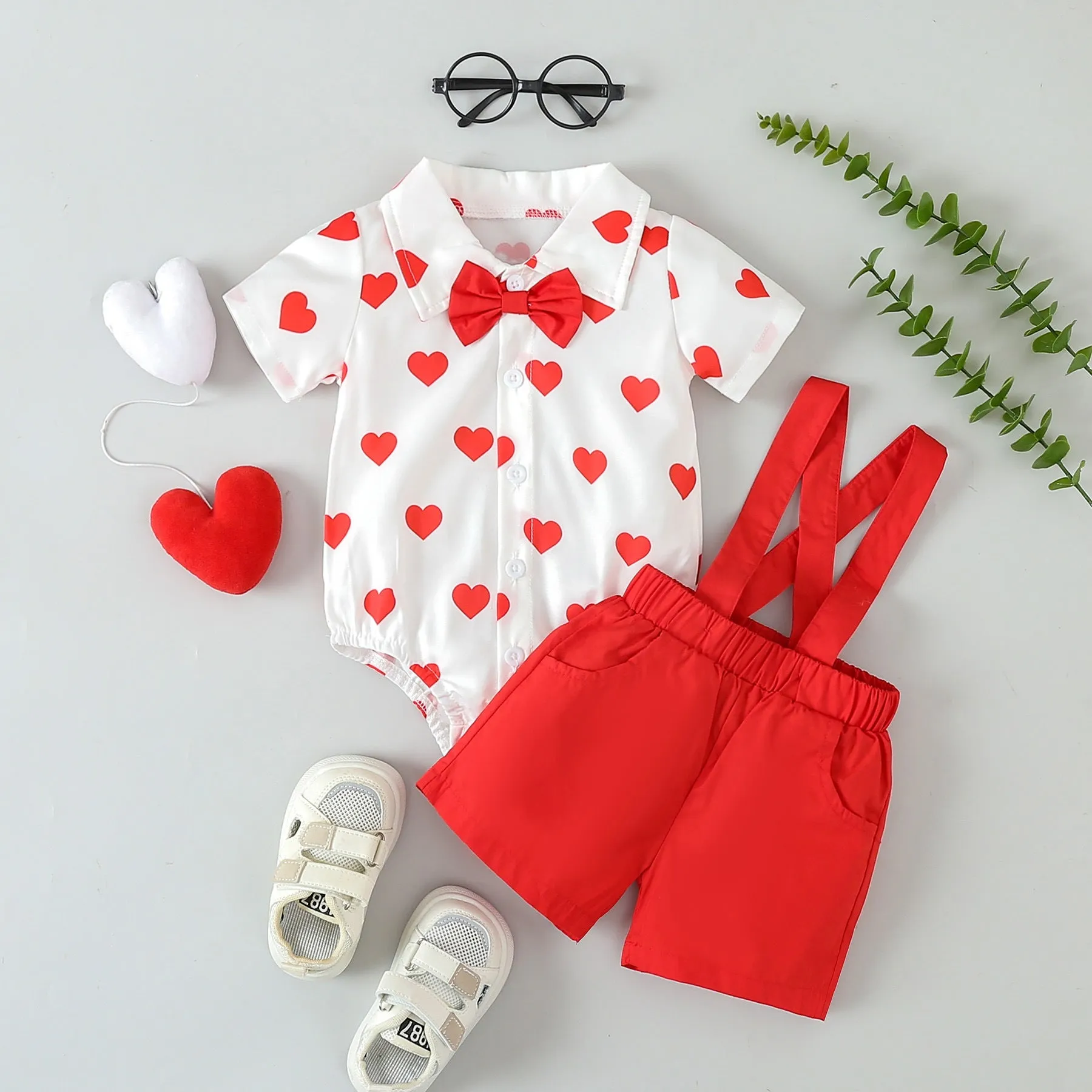 2 Pieces Set Baby Boys Love heart Rompers And Solid Color Shorts 24030178 Wholesale