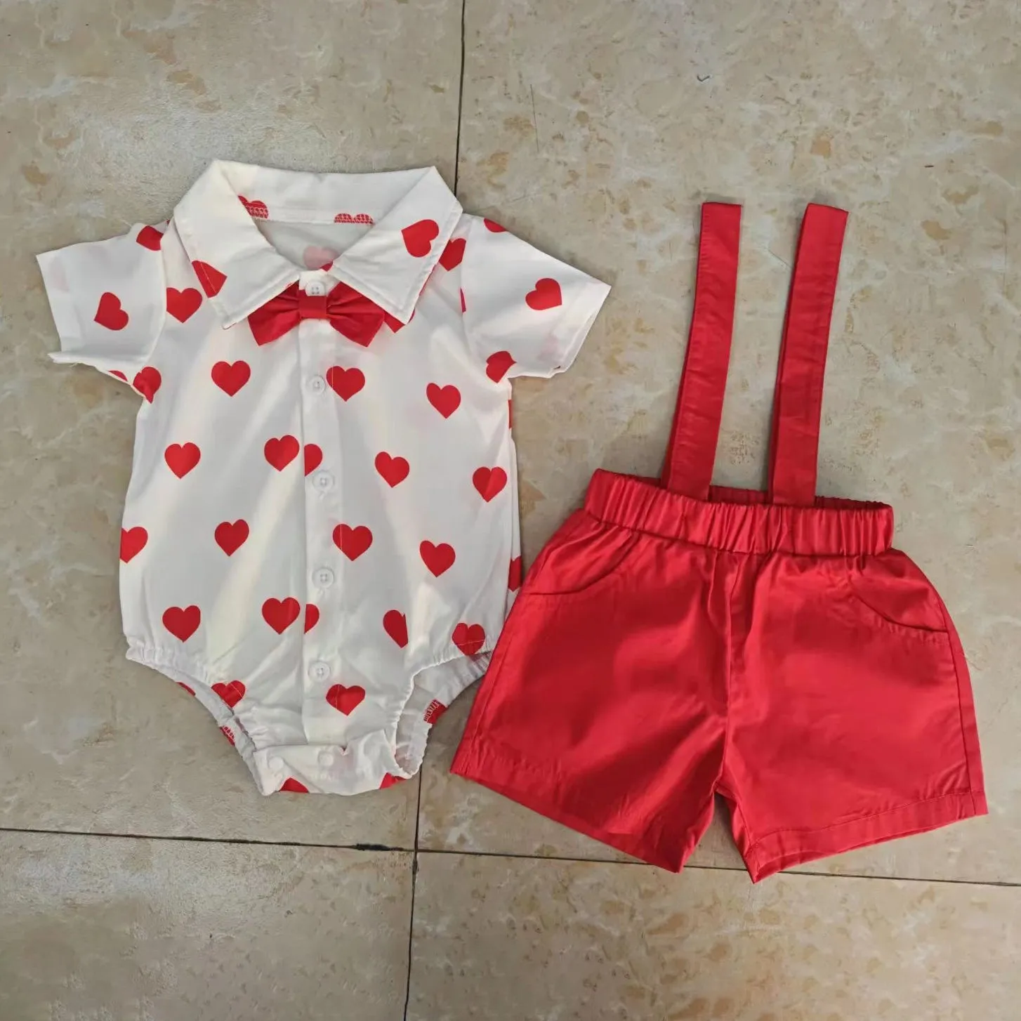 2 Pieces Set Baby Boys Love heart Rompers And Solid Color Shorts 24030178 Wholesale