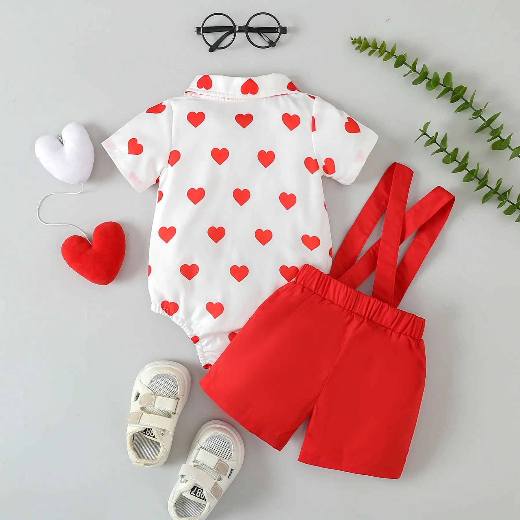 2 Pieces Set Baby Boys Love heart Rompers And Solid Color Shorts 24030178 Wholesale