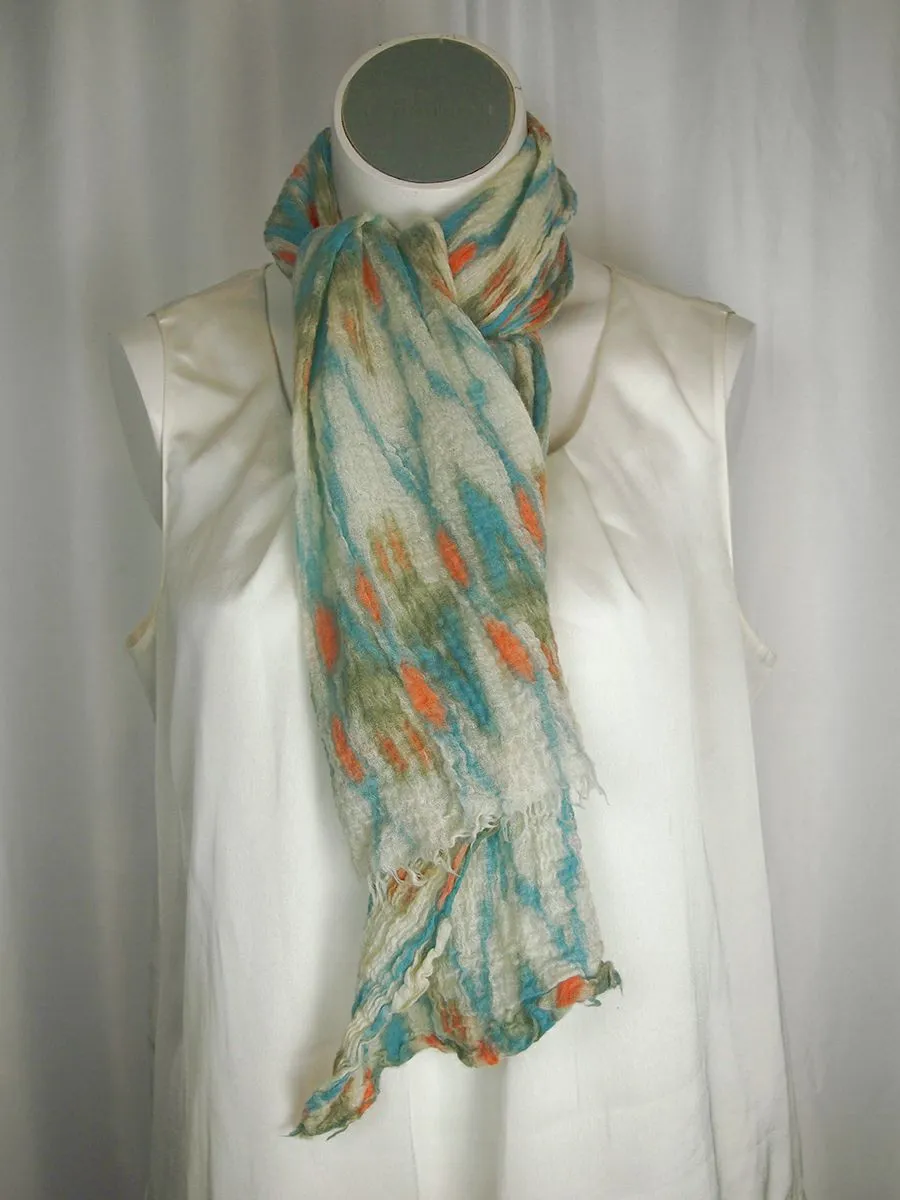 Bindya Aqua and Cream Wool Ikat Crinkle Scarf