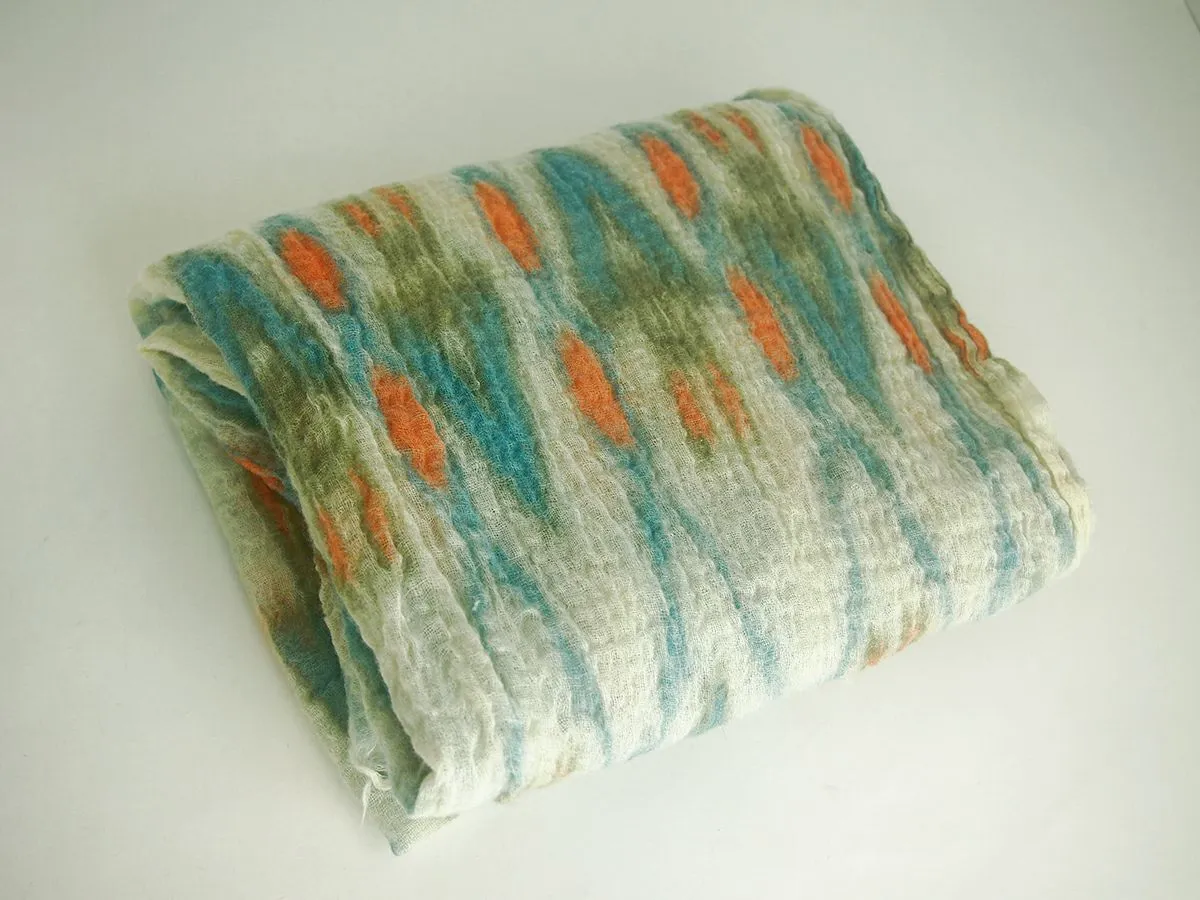 Bindya Aqua and Cream Wool Ikat Crinkle Scarf