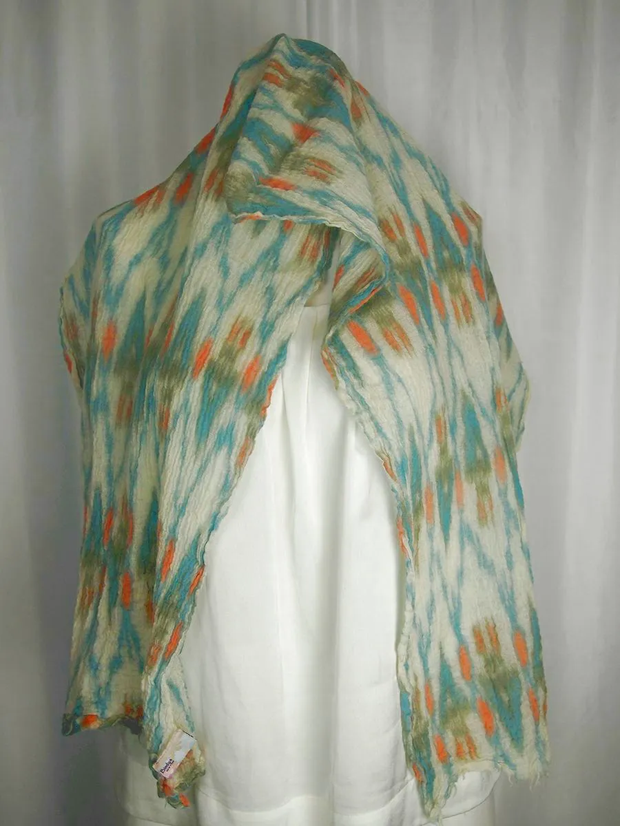 Bindya Aqua and Cream Wool Ikat Crinkle Scarf