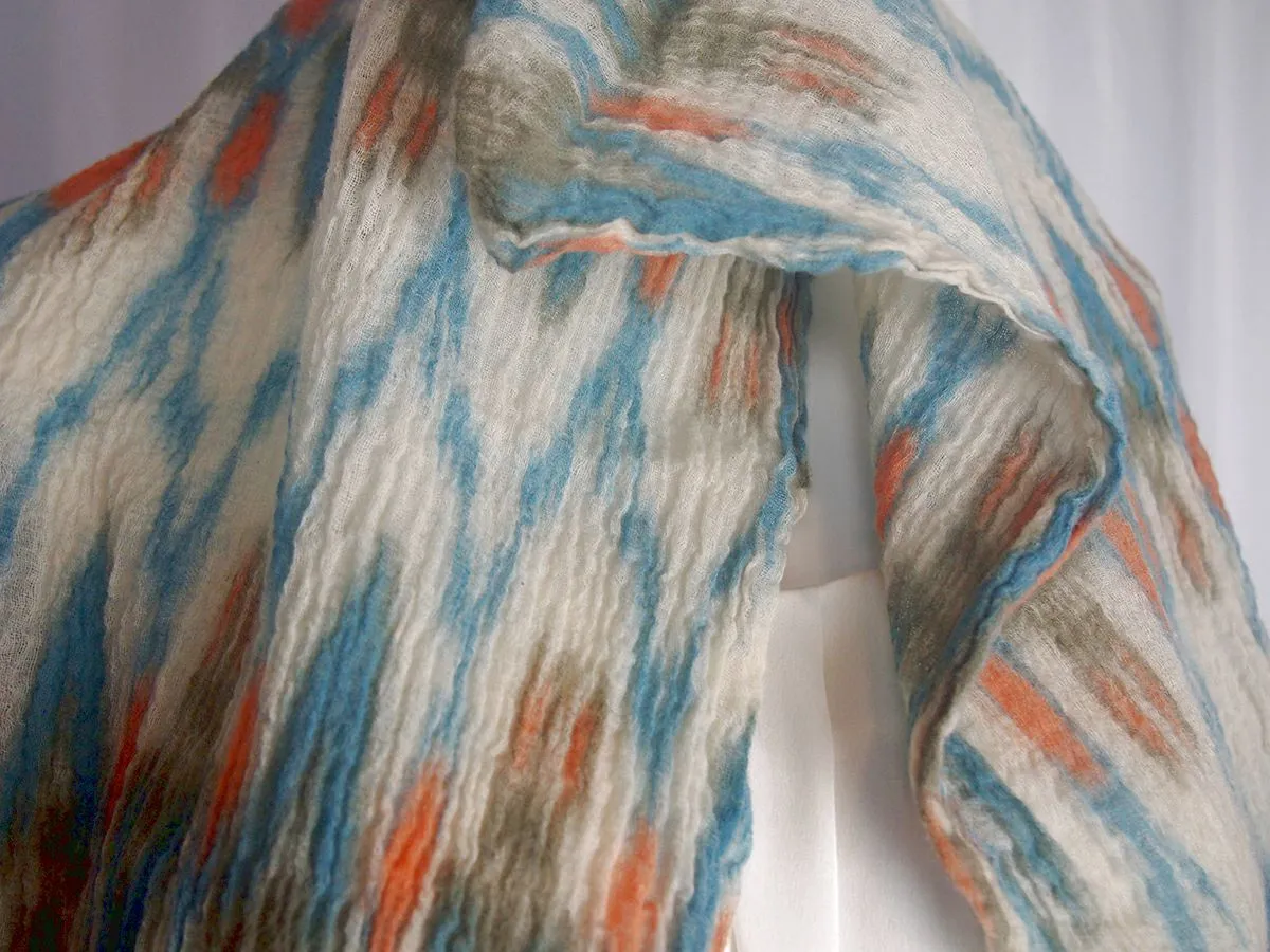 Bindya Aqua and Cream Wool Ikat Crinkle Scarf