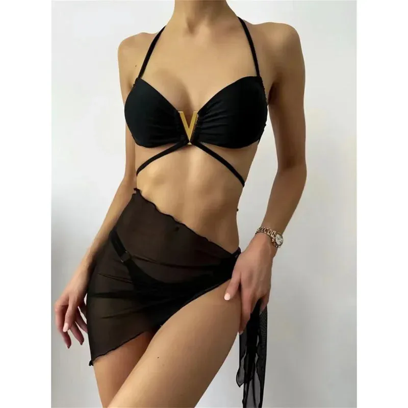 Black Bandage Halter Mesh Bikini Set