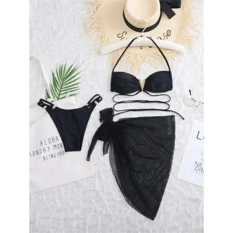 Black Bandage Halter Mesh Bikini Set