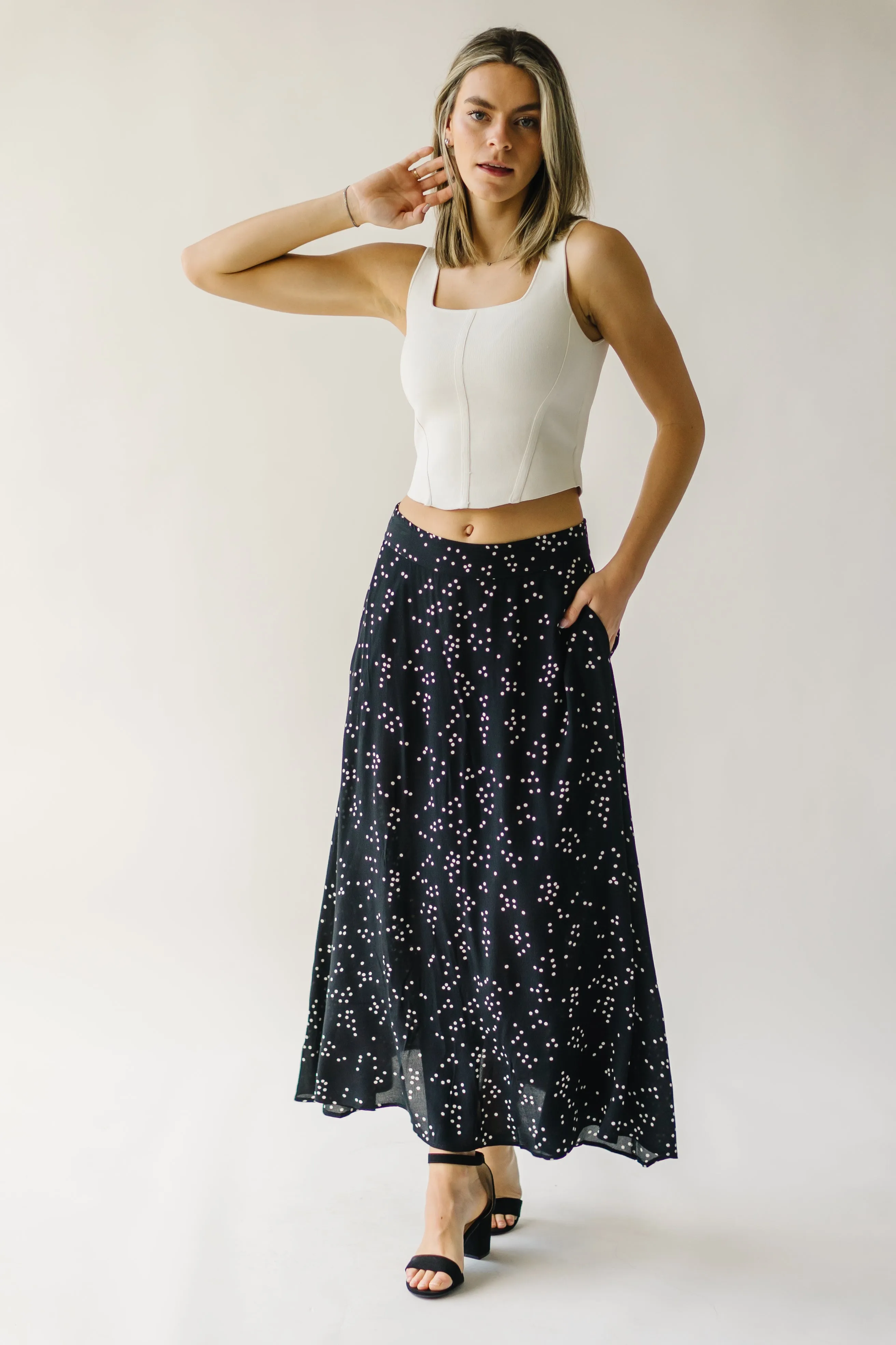 Black Coburg Polka-Dot Midi Skirt