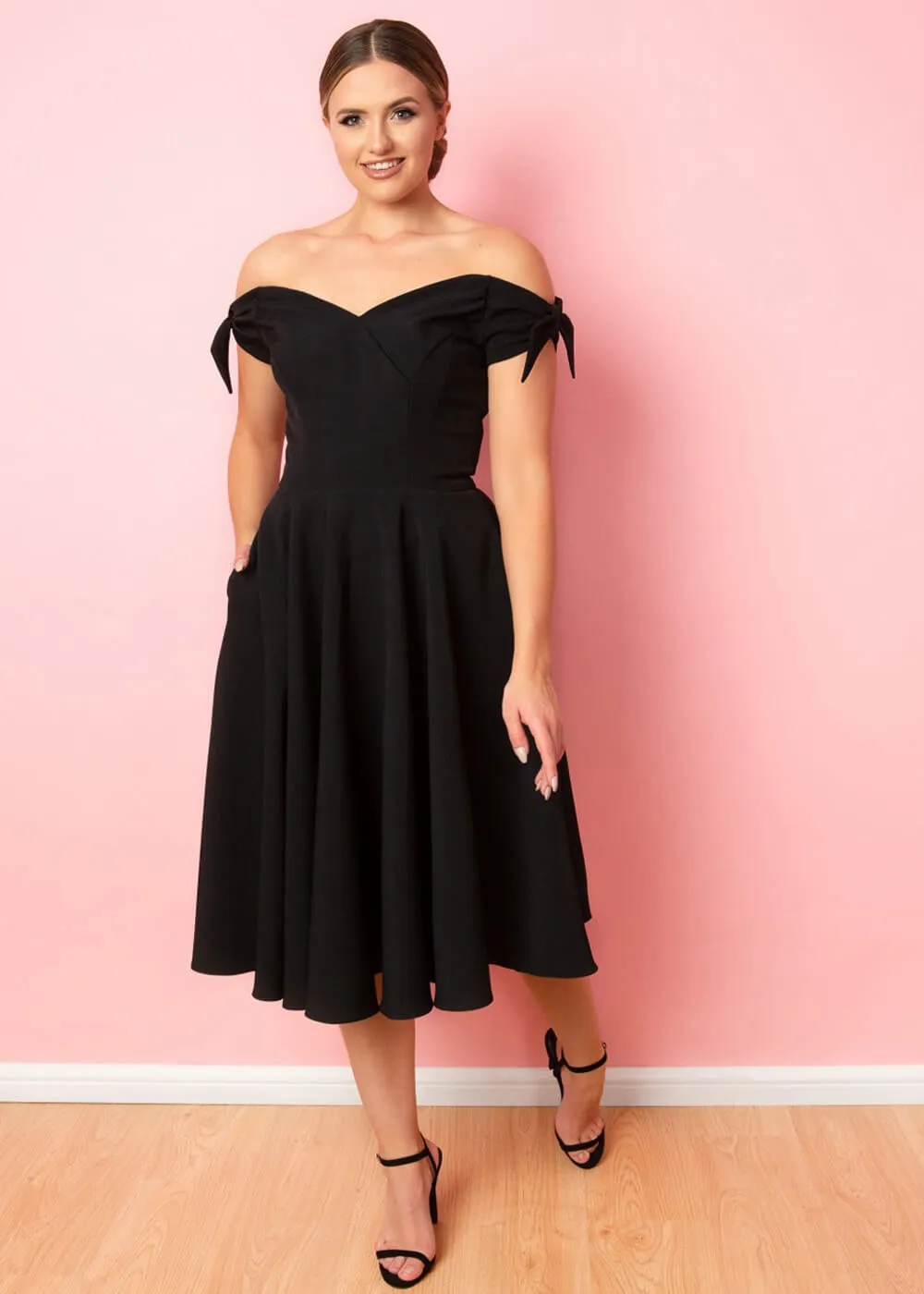 Black Fatale Bow 50's Midi Swing Dress