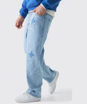 BoohooMAN Men's Relaxed Rigid Star Applique Denim Jeans