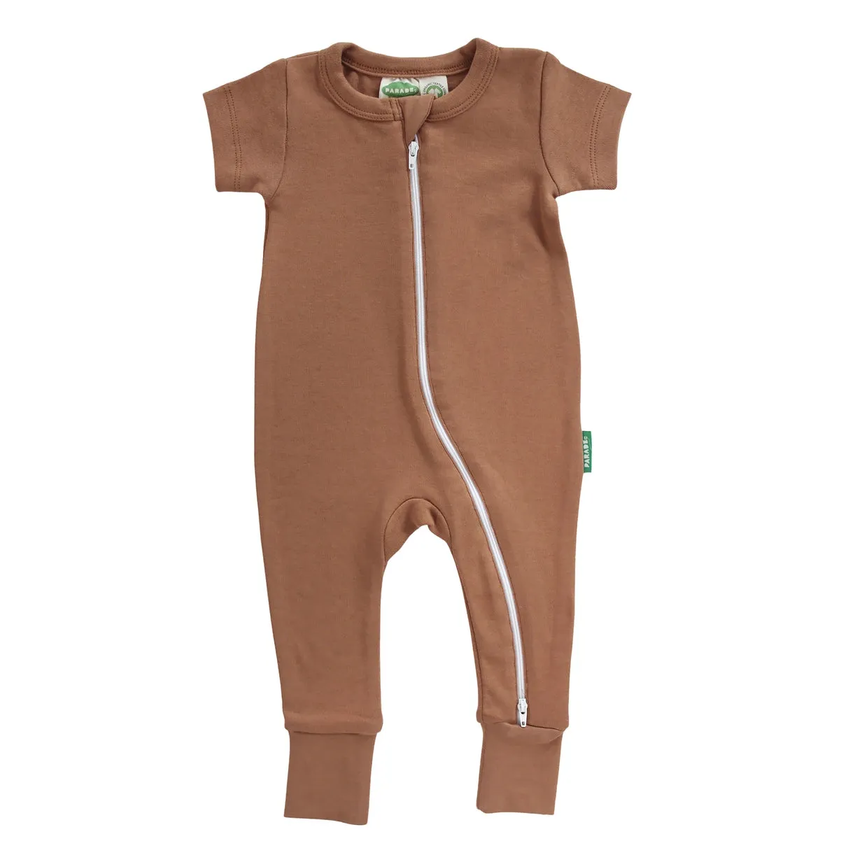 Caramel Brown Short Sleeve Romper with 2-Way Zip by Parade Organics