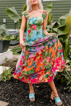 Floral Patchwork Long Dresses with Backless Square Neck