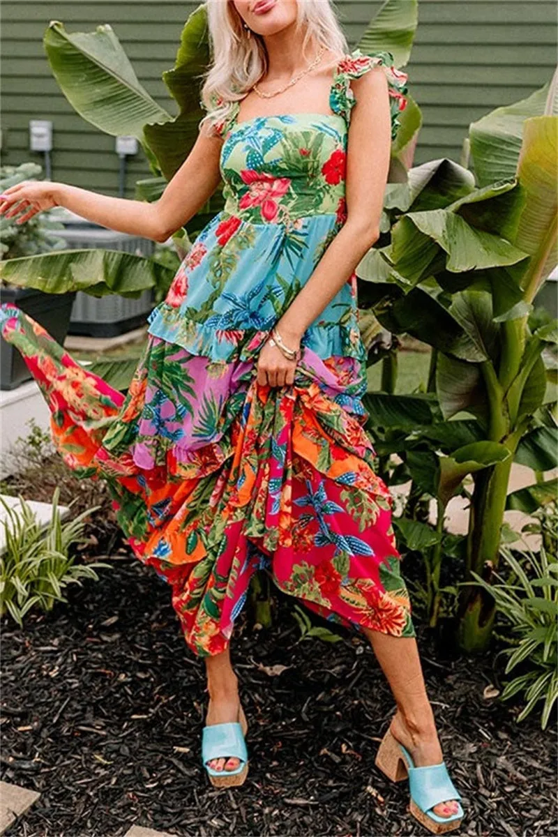 Floral Patchwork Long Dresses with Backless Square Neck