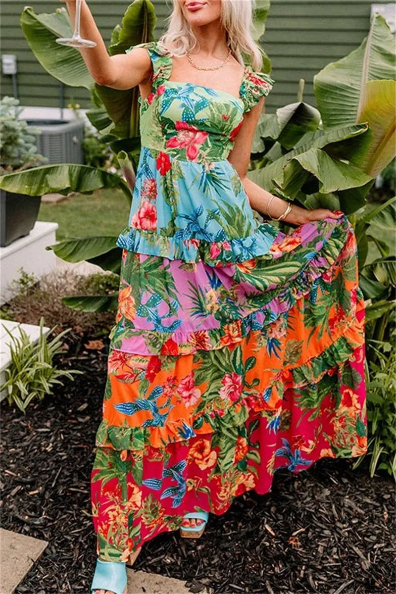 Floral Patchwork Long Dresses with Backless Square Neck