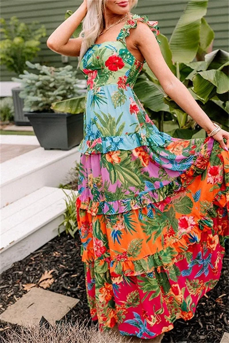 Floral Patchwork Long Dresses with Backless Square Neck