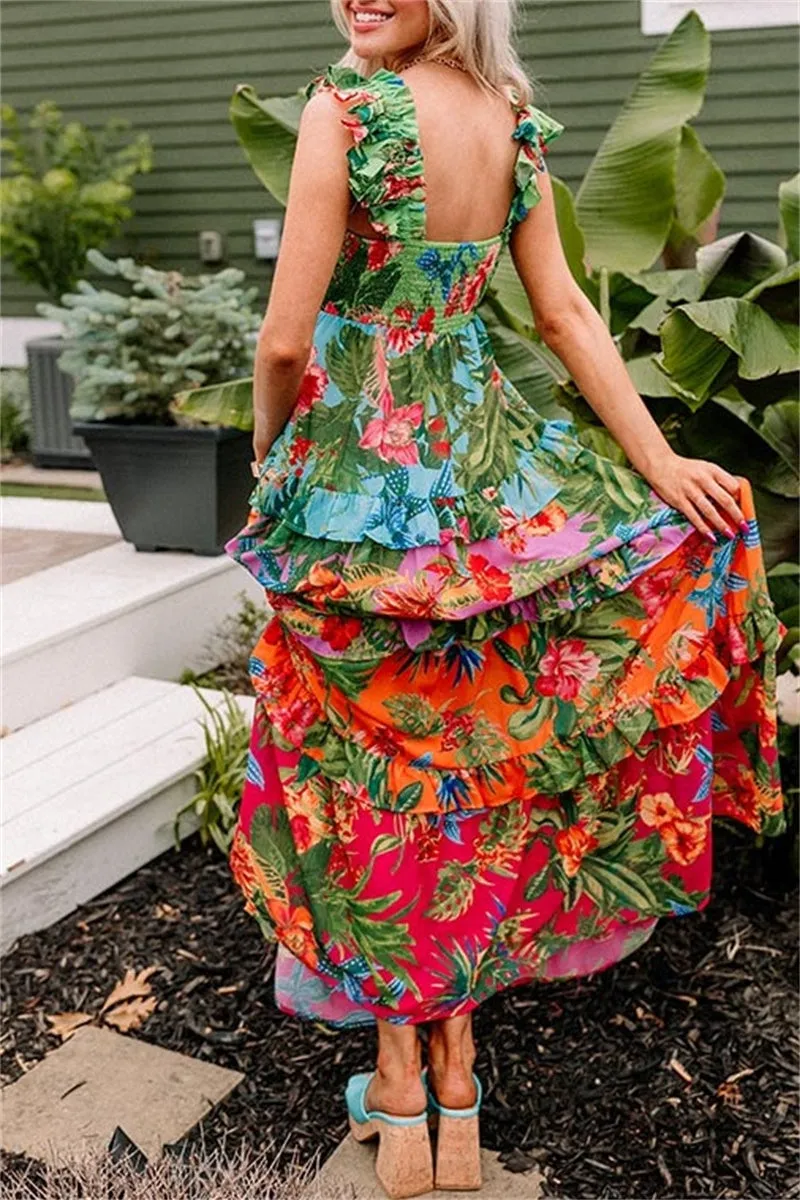 Floral Patchwork Long Dresses with Backless Square Neck