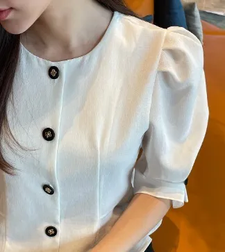 Casual Style Plain Short Sleeves Office Style Puff Sleeves