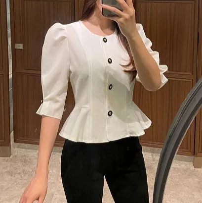 Casual Style Plain Short Sleeves Office Style Puff Sleeves