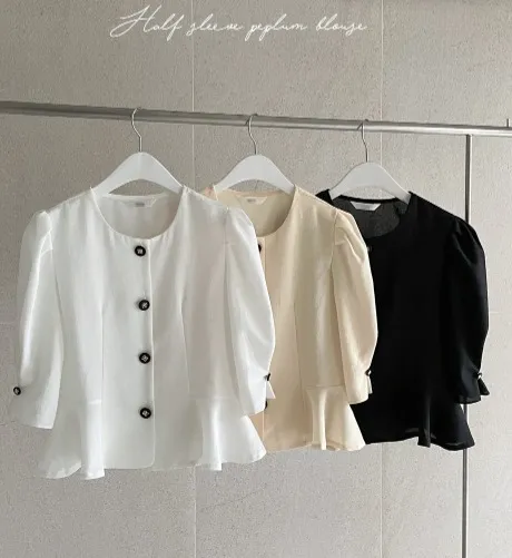 Casual Style Plain Short Sleeves Office Style Puff Sleeves