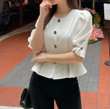 Casual Style Plain Short Sleeves Office Style Puff Sleeves