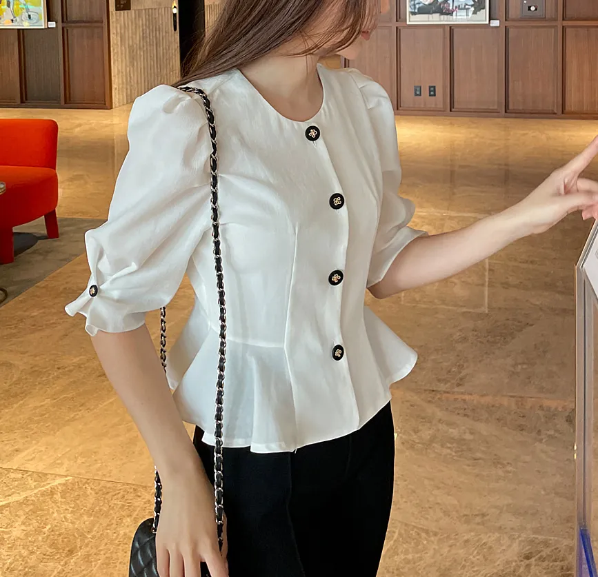 Casual Style Plain Short Sleeves Office Style Puff Sleeves