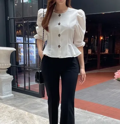 Casual Style Plain Short Sleeves Office Style Puff Sleeves