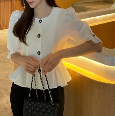 Casual Style Plain Short Sleeves Office Style Puff Sleeves