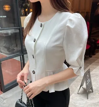 Casual Style Plain Short Sleeves Office Style Puff Sleeves