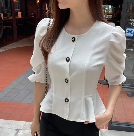 Casual Style Plain Short Sleeves Office Style Puff Sleeves