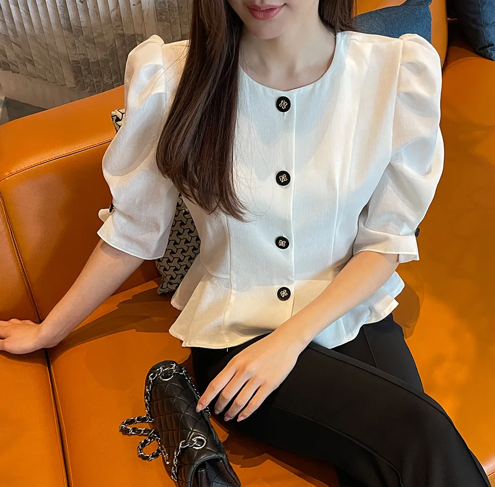 Casual Style Plain Short Sleeves Office Style Puff Sleeves