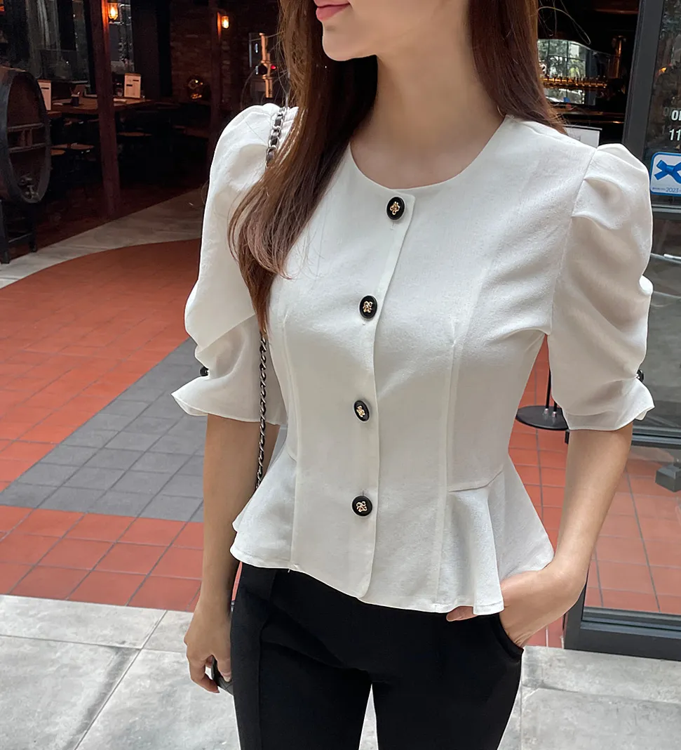 Casual Style Plain Short Sleeves Office Style Puff Sleeves