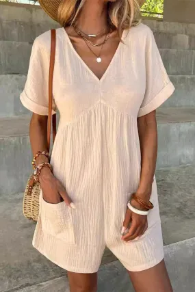 Casual Simplicity Solid Pocket V Neck Loose Rompers(5 Colors)