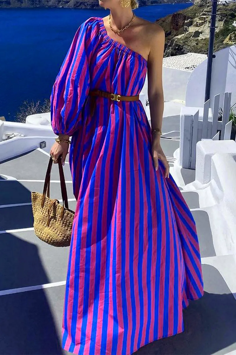 Striped Print Irregular Dresses with Belt and Oblique Collar for Vacation