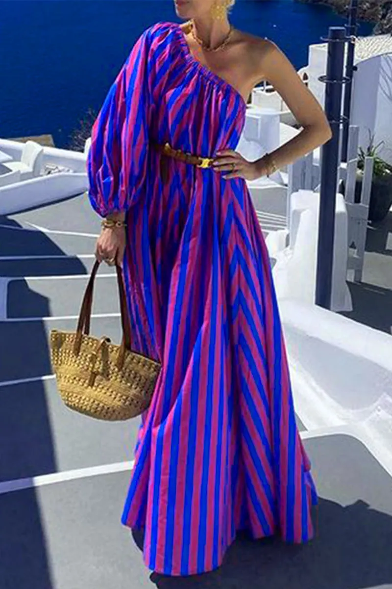 Striped Print Irregular Dresses with Belt and Oblique Collar for Vacation