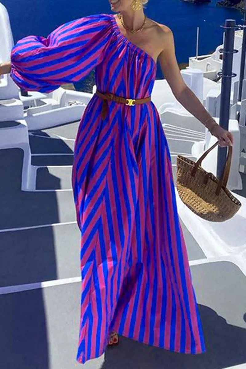 Striped Print Irregular Dresses with Belt and Oblique Collar for Vacation