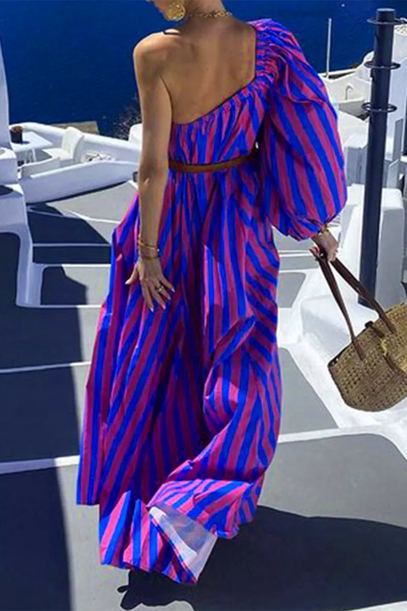 Striped Print Irregular Dresses with Belt and Oblique Collar for Vacation