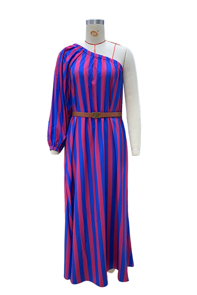 Striped Print Irregular Dresses with Belt and Oblique Collar for Vacation