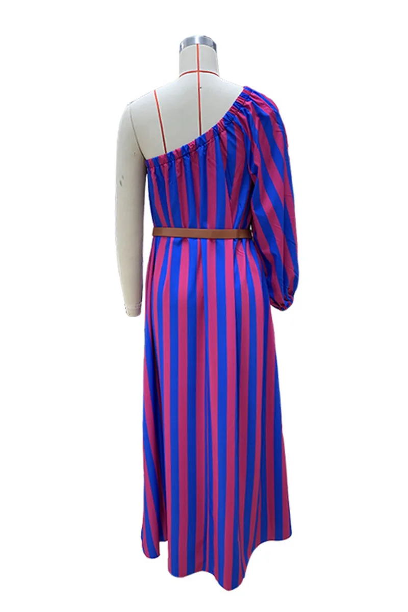 Striped Print Irregular Dresses with Belt and Oblique Collar for Vacation