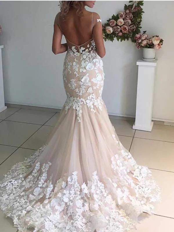 Mermaid Lace Tulle Wedding Dress in Champagne Pink, WD0468