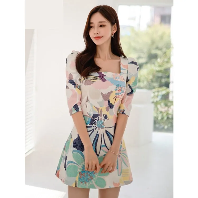 Vintage Retro Women's Floral Print Puff Sleeves Slim Mini Dresses