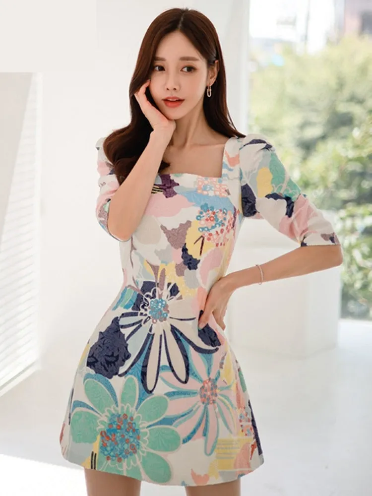 Vintage Retro Women's Floral Print Puff Sleeves Slim Mini Dresses