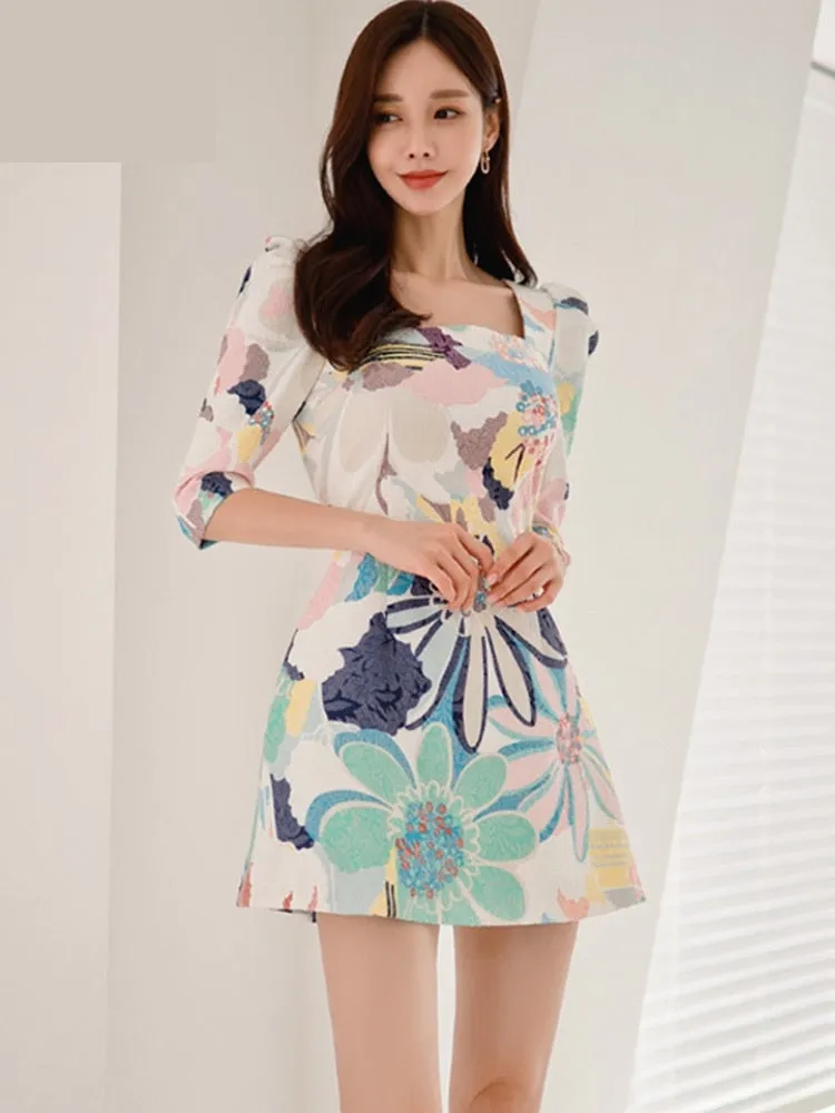 Vintage Retro Women's Floral Print Puff Sleeves Slim Mini Dresses