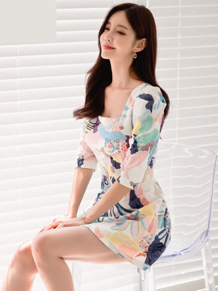 Vintage Retro Women's Floral Print Puff Sleeves Slim Mini Dresses