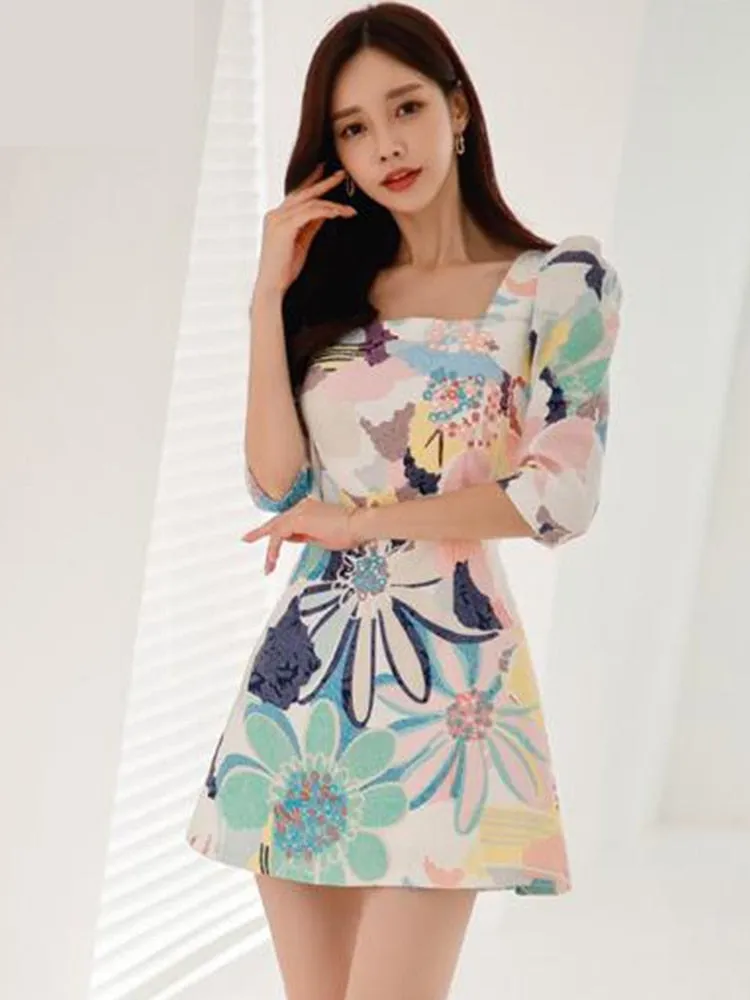 Vintage Retro Women's Floral Print Puff Sleeves Slim Mini Dresses