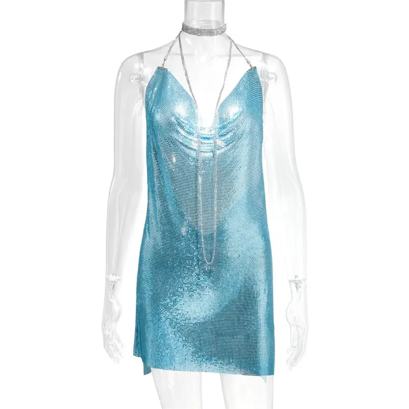 Club Crystal Metal Party Glitter Halter Mini Dress