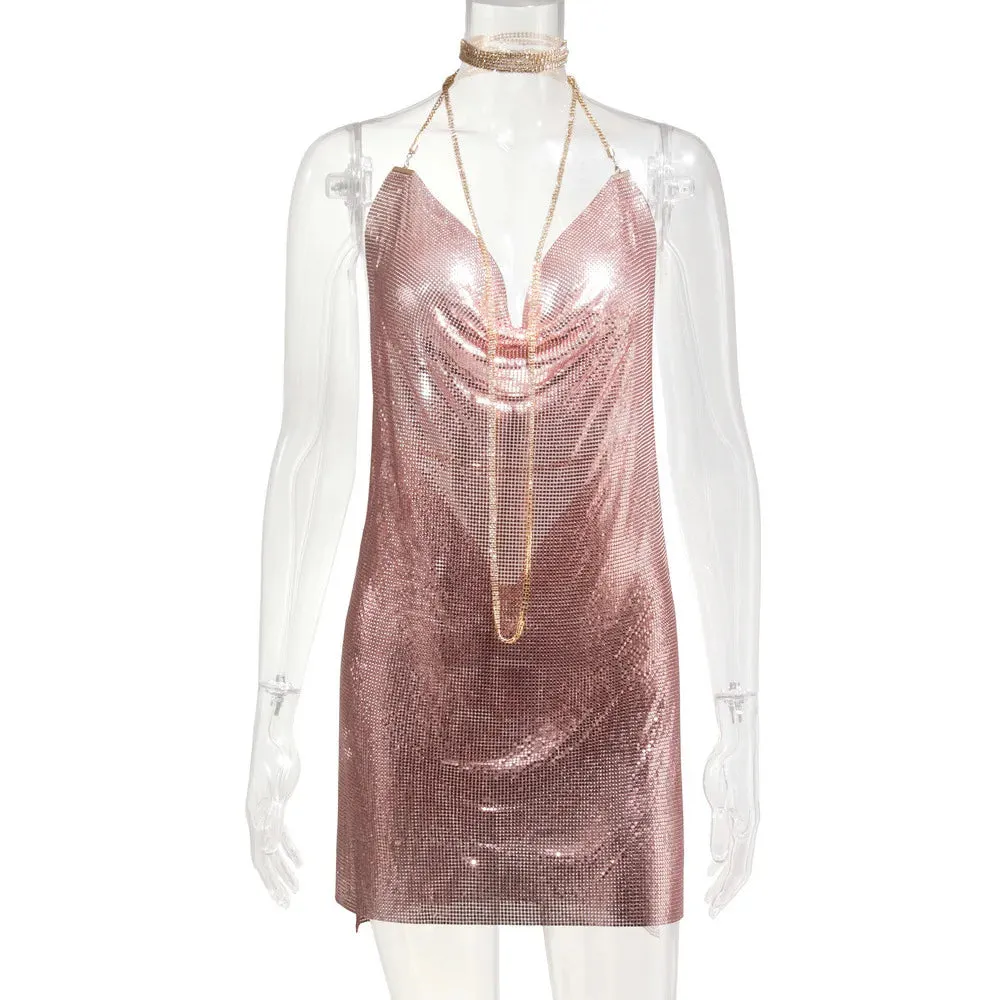 Club Crystal Metal Party Glitter Halter Mini Dress