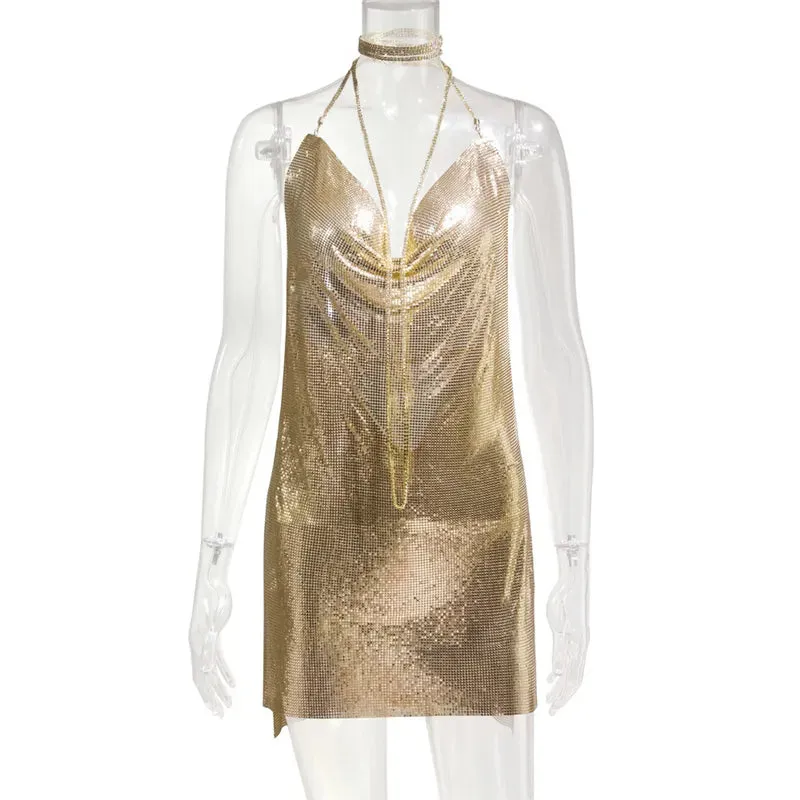 Club Crystal Metal Party Glitter Halter Mini Dress